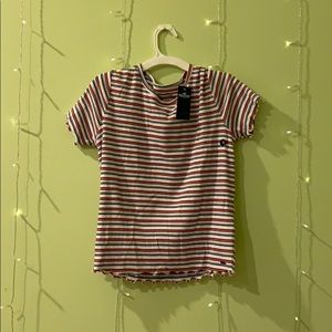 Striped curled trim top